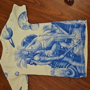 SmlMexican Folk Graphic Tee Popocatépetl Vintage Style- Aztec Blue Monochrome